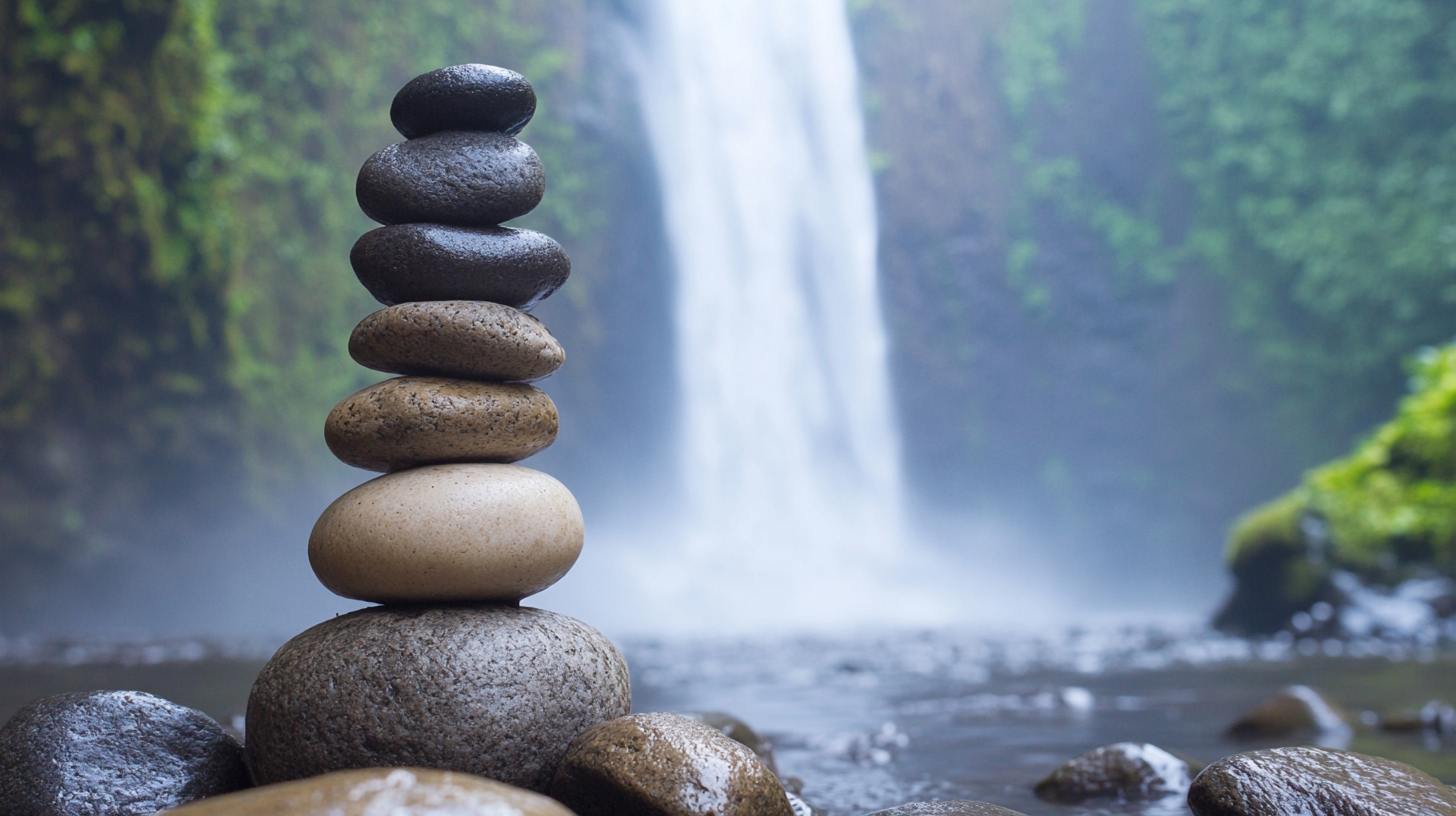Steine im ruhigen Wasser mit Wasserfall im Hintergrund - Symbol für Balance